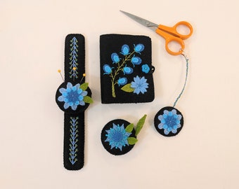Felt Sewing Set, Flower Pin Cushion, Needle Book, Tape Measure, Scissor Fob