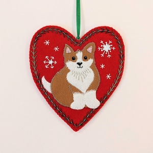 Corgi Ornament, Felt Heart Ornament, Dog Decor, Holiday Winter Decor, Felt Corgi, Felt Dog, Cute Corgi Pup, Doorknob Hanger, Doorknob Pillow