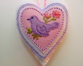 Valentine Felt Heart Ornament / Felt Bird Ornament / Valentine Decor / Doorknob Hanger / Doorknob Pillow / Winter Decor / Purple Felt Bird