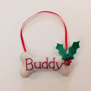 Adorno de hueso de perro personalizado: fieltro de lana cosido a mano, decoración navideña