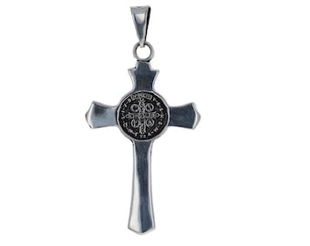St. Benedict Large Cross, Large .925 Sterling silver Cross pendant, 2 sided Religious Charm, Solid Silver, 1 piece