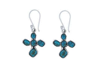 Sterling Silver, Five Stone Turquoise Cross Earrings, Genuine Arizona Turquoise Stones, Cross Dangles, Five Turquoise Stones