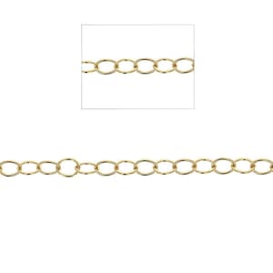 May include: A gold chain with oval links. The chain is made of metal and has a shiny finish.