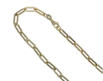 May include: A gold chain necklace with a box chain style. The chain is made of oval-shaped links.