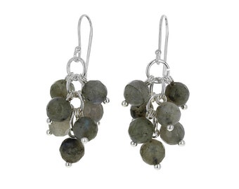 Sterling Silver, Labradorite Chandelier Earrings, Genuine Stone Drops Earrings, Grey Faceted Labradorite,6mm beads, 7 beads, 925