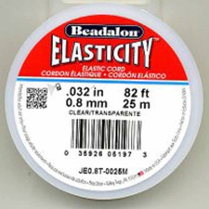 May include: A spool of clear elastic cord for jewelry making. The label reads "Beadalon Elasticity" and lists the cord size as 0.032 inches or 0.8 mm. The cord is 82 feet or 25 meters long.