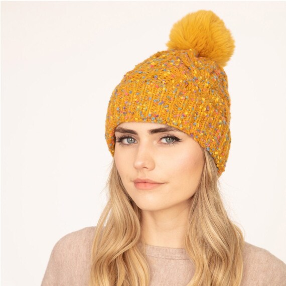 Confetti Cable Knit Pom Pom Beanie Stocking Cap Coral Confetti Cable Knit Pom Pom Beanie Stocking Cap Coral main image 3