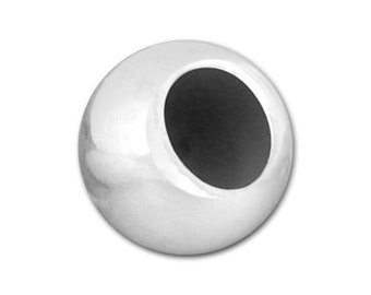 May include: A silver-coloured metal bead with a round shape and a hole in the centre. The bead is smooth and shiny.