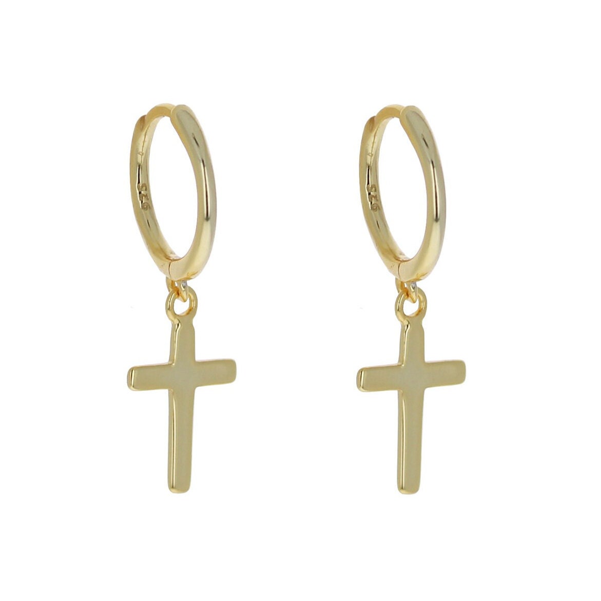 Sterling Silver, Mini Hoop With Cross, Huggie Earrings