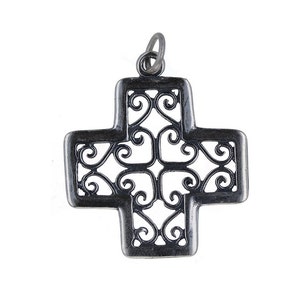 Sterling Silver, Swirl Detail Cross Charm, Squared Cross Charm, Religious Charm, Swirled Design, Cross Charm with Open Jump Ring, CH2037