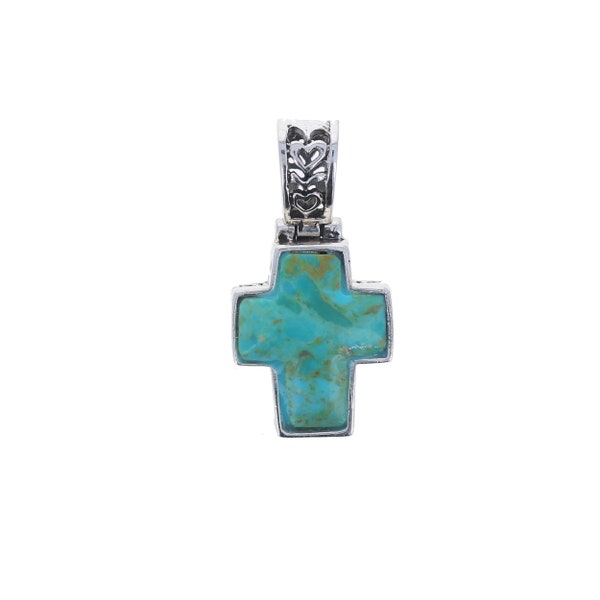 pendentif vintage Turquoise Cross Pattern, Sterling Silver 925, Genuine Turquoise Stone, Reversible with Ornate Detailing