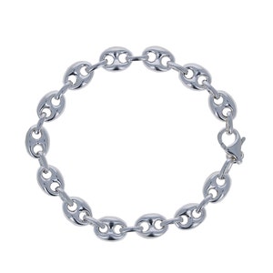 May include: A silver chain bracelet with a mariner link design. The bracelet has a lobster claw clasp.