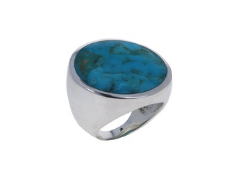 Modern Sterling Silver Rounded Genuine Turquoise Ring, 925 Silver Purity with Beautiful Bold Blue Gemstone