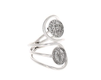 Sterling Silver, St. Benedict Medallions Ring, San Benito Duo Ring, Religious Medal Rings