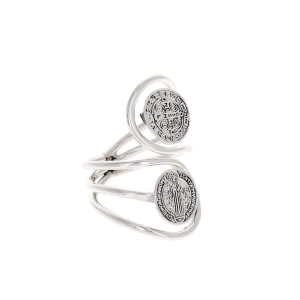 Sterling Silver, St. Benedict Medallions Ring, San Benito Duo Ring, Religious Medal Rings