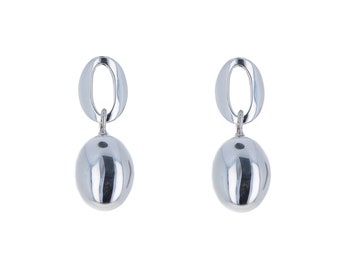 Modern Sterling Silver Oval Earrings with Elongated Silver Nugget Drop, 925 Purity, Fun and Interesting Design