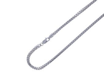 May include: A silver chain necklace with a lobster clasp closure. The chain is made of a braided design.