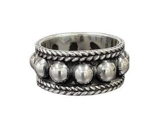 Silver Beaded Band Ring, 925 Stamped, 10mm Band, Sterling Silver Bead Ring, US Standard Sizing, Unisex Ring, Ring Band, Antiqued Silver