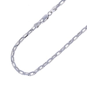May include: A silver chain necklace with a box chain design. The chain is made of metal and has a polished finish.
