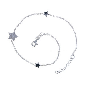Sterling Silver, Star Anklet, Cubic Zirconias Star, Silver Anklet, Lobster Closure, CZ Anklet, Adjustable Anklet,