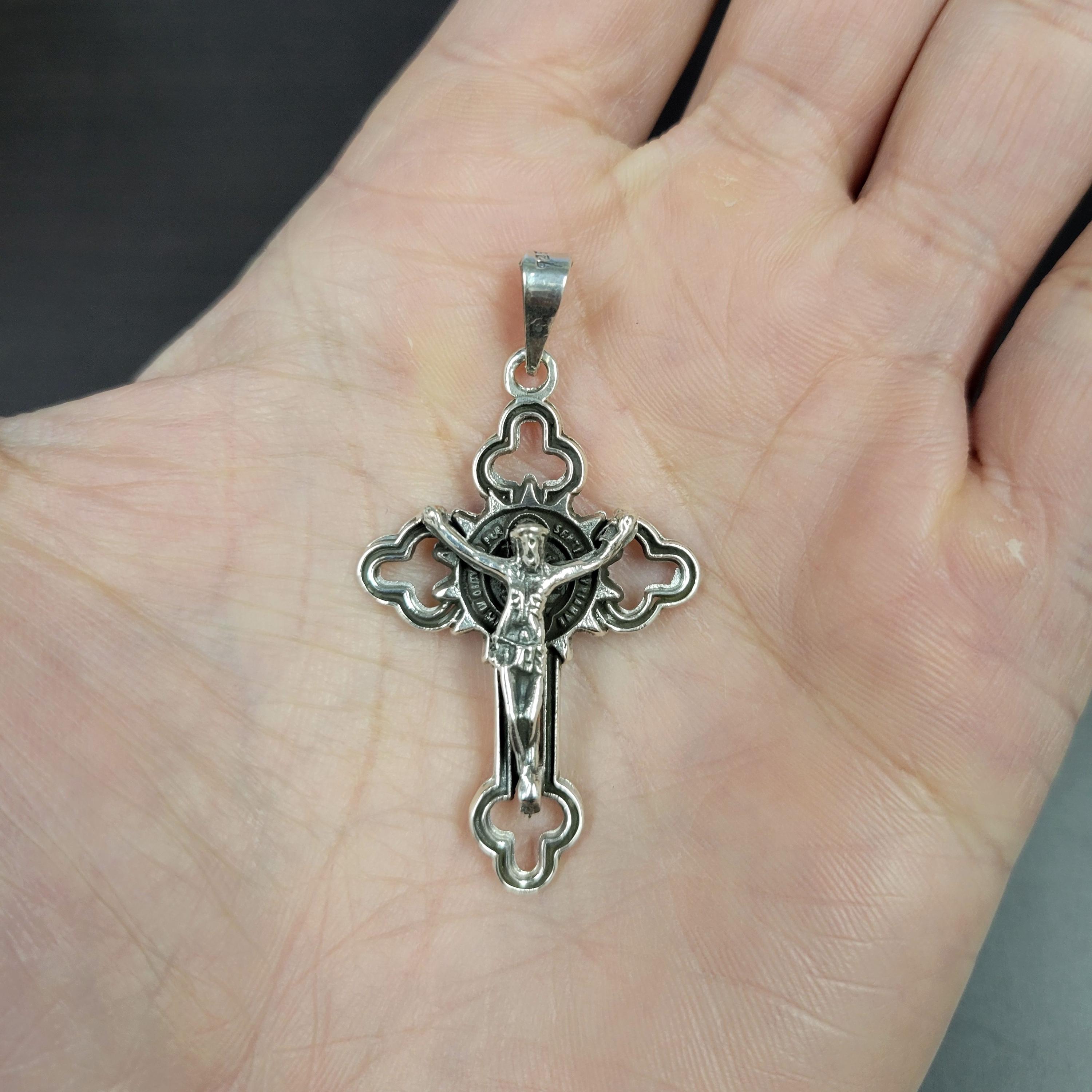 Crucifix With St. Benedict Sterling Silver Vintage Cross Pendant ...