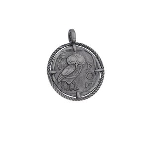 Owl Ancient Greek Coin Historical Inspired Pendant, 925 Sterling Silver and Two-Toned Piece