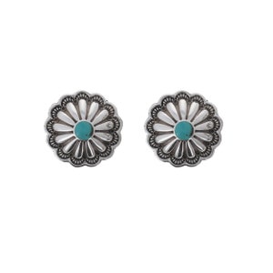 Turquoise Concho Stud Earrings, Genuine Turquoise Stone Earrings, 925 Sterling Silver, Boho Western Style Jewelry, Engraved Silver Design