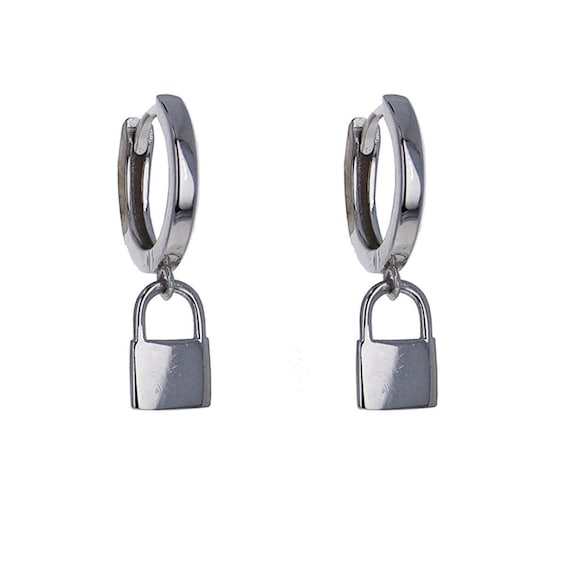 Sterling Silver, Mini Lock Huggies, 925, Pad Lock Earrings, Mini
