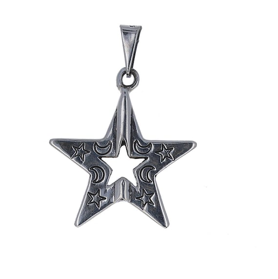 925 Sterling Silver, Moon and Stars Pendant, Star Shaped