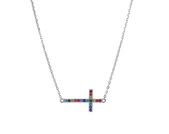 Sterling Silver, Multicolor Cross Necklace, Side Cross, Colorful, Rainbow CZ's, .925, Cable chain, Cubic Zirconia