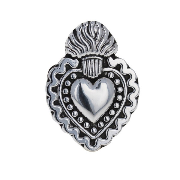 Sterling Silver, Sacred Heart Ring, 1.25 inches, Ornate Sacred Heart Design, Silver Heart, 925 Sterling Silver, Detailed Heart Ring, R12389