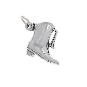 May include: A silver charm in the shape of a boot. The boot has a pointed toe and a heel. The charm has a loop at the top for attaching to a bracelet or necklace.
