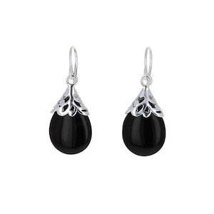 Boucles d'oreilles en forme de larme en filigrane d'onyx noir, argent sterling, filigrane, onyx, 925