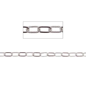 May include: A silver-colored chain with oval links. Each link alternates between a smooth, polished oval and a textured, twisted oval. The chain is displayed against a white background.