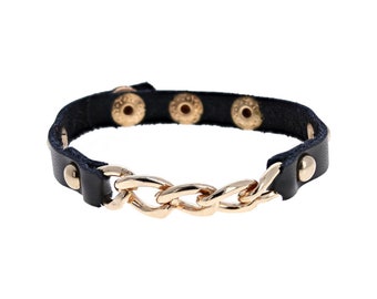 Simple Chain Leather Bracelet, Unique and Chic Leather Jewelry, Gold Curb Link Chain, Adjustable Button closure, Gift Items