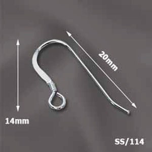 May include: Silver earring hook with a 20 mm length and 14 mm width. The hook is made of stainless steel and has a smooth finish. The hook is designed to be used with a variety of earring styles.