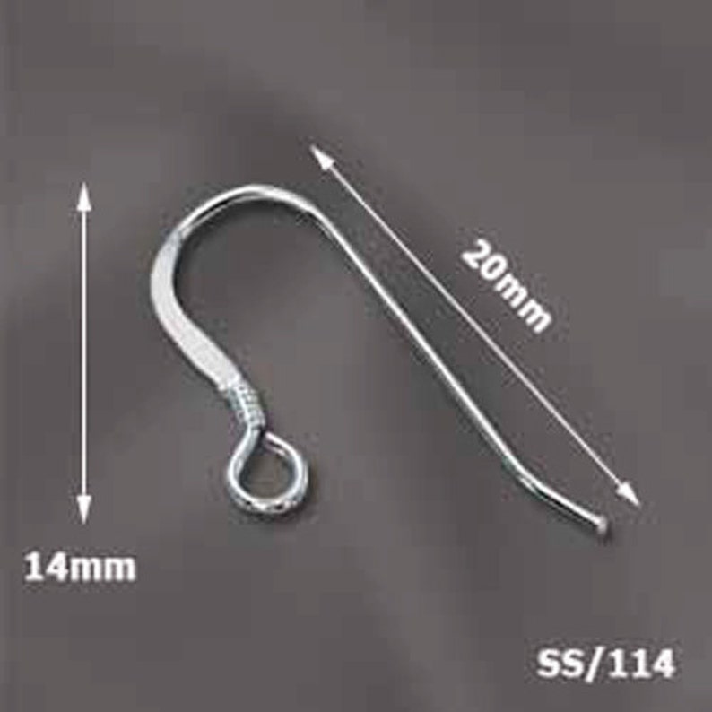 May include: Silver earring hook with a 20 mm length and 14 mm width. The hook is made of stainless steel and has a smooth finish. The hook is designed to be used with a variety of earring styles.