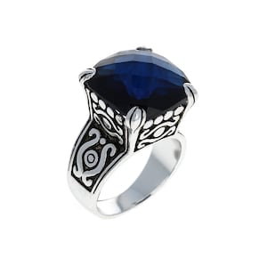 Sterling Silver, Large Sapphire Victorian Ring, CZ Ring, 925 Genuine Silver, Vintage Design, Statement Rings