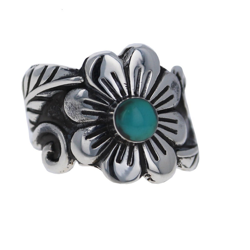 Sterling Silver, Floral Turquoise Ring, Flower Ring, Silver and