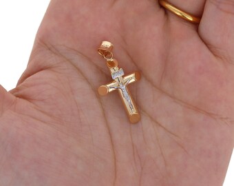 14K Festen Gelben Gold Zarte Kreuz Anhänger Crucifix.White Schweiz