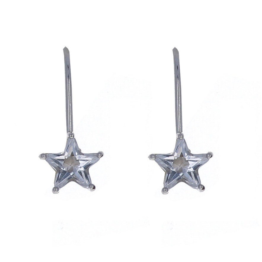 Sterling Silver, Simple CZ Star Earrings, Hard Wire Star