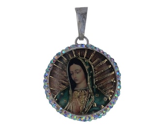 Sterling Silver, AB Crystal Guadalupe Medallion, Iridescent Crystal Border Pendant, Round Religious Medallion, Guadalupe Jewelry, P12327