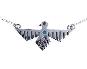 Silver and Turquoise Thunderbird Necklace, Native Thunderbird Figure, 925 Stamped, Genuine Turquoise, Genuine Sterling Silver, Adjustable
