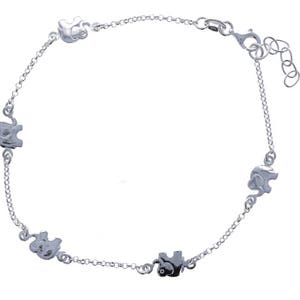 May include: A silver bracelet with four elephant charms. The bracelet has a lobster clasp closure.