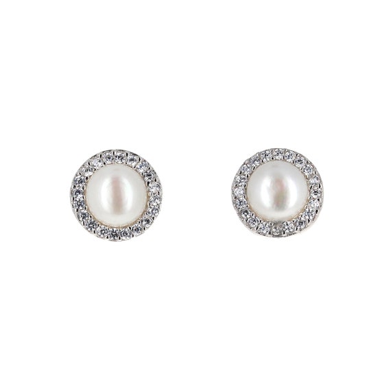 White Cultured Freshwater Pearl Stud Earrings with CZ Halo Sterling Silver White Cultured Freshwater Pearl Stud Earrings with CZ Halo Sterling Silver