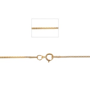 May include: A gold chain necklace with a box clasp. The chain is made of small, square links.