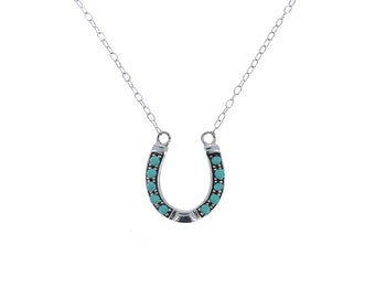 Turquoise Horseshoe Necklace, Sterling Silver 925, Genuine Turquoise, Adjustable Necklace with Fixed Horseshoe Pendant, Boho Western Jewelry