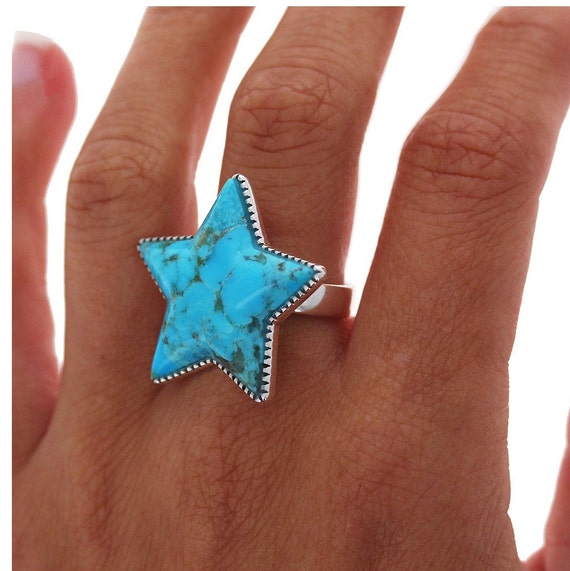 【STAR JEWELRY】K10 リング ARQUISE TURQUOISE Sterling Silver, Etched Turquoise Star, Genuine Turquoise Ring