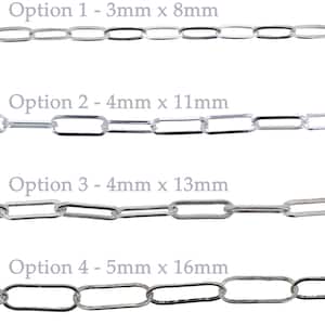 1 foot - Paperclip Chain, Four Different sizes, 8mm x 3mm , 11mm x 4mm , 13mm x 4mm, 16mm x 5mm, Flattened Rectangle Link, Chain by the Foot