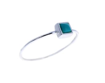 Square Stacking Ring, Turquoise Stacker, 4mm Bezel Set, 1mm Band, Sterling Silver Ring, Dainty Turquoise Jewelry, Square Ring, R030569T